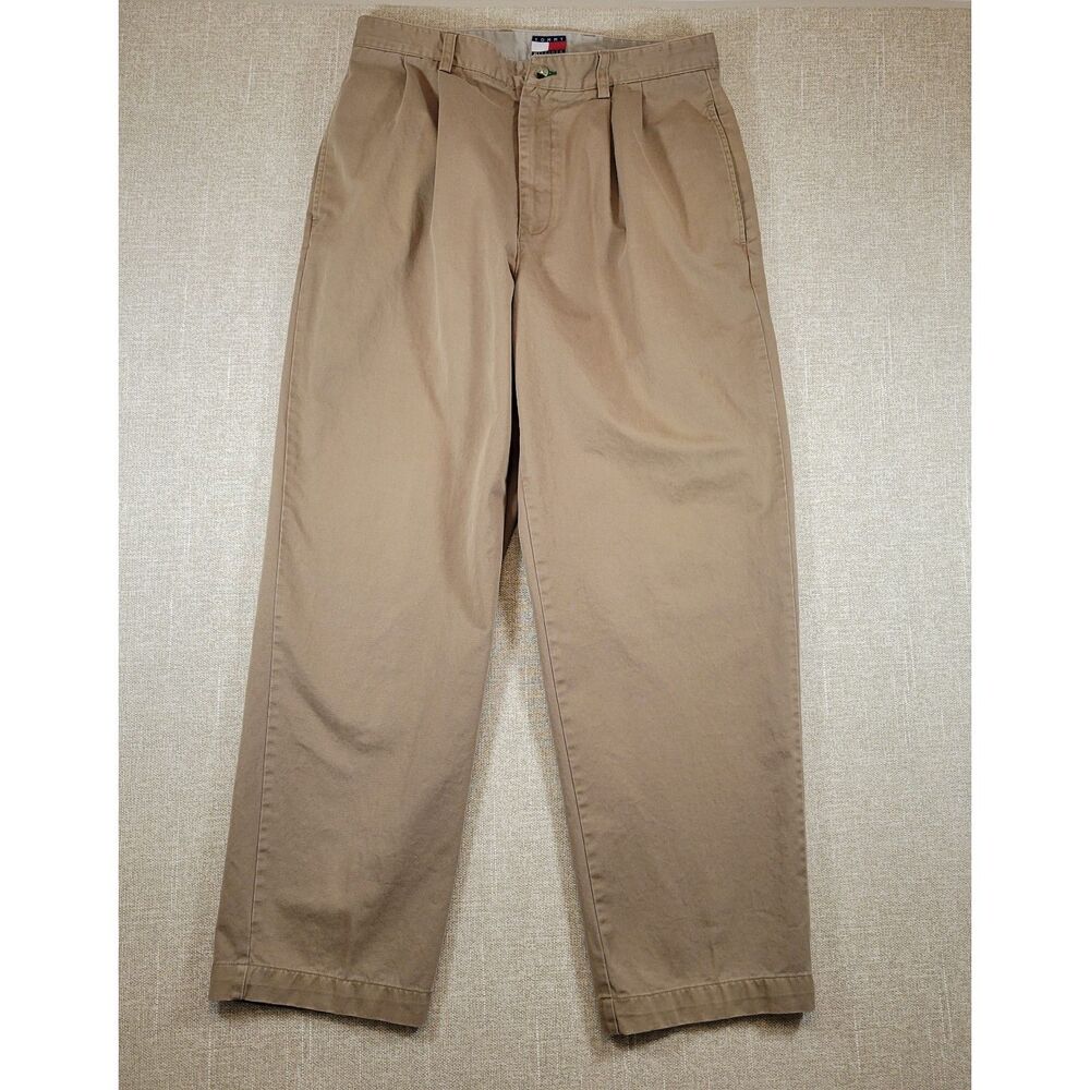 Vintage Tommy Hilfiger 90s Pleated Cotton Chino Khaki Pants Men's Size 34x30